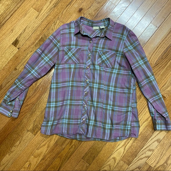 L.L. Bean Tops - LL Bean vintage plaid button front shirt womens size large purple plaid Button